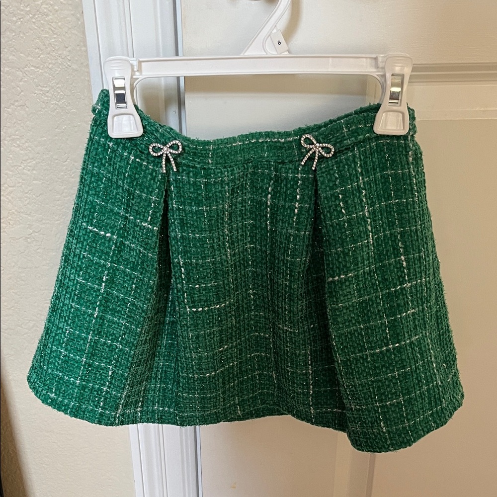 Girls Green Tweed Mini Skirt with Rhinestone Bow Details